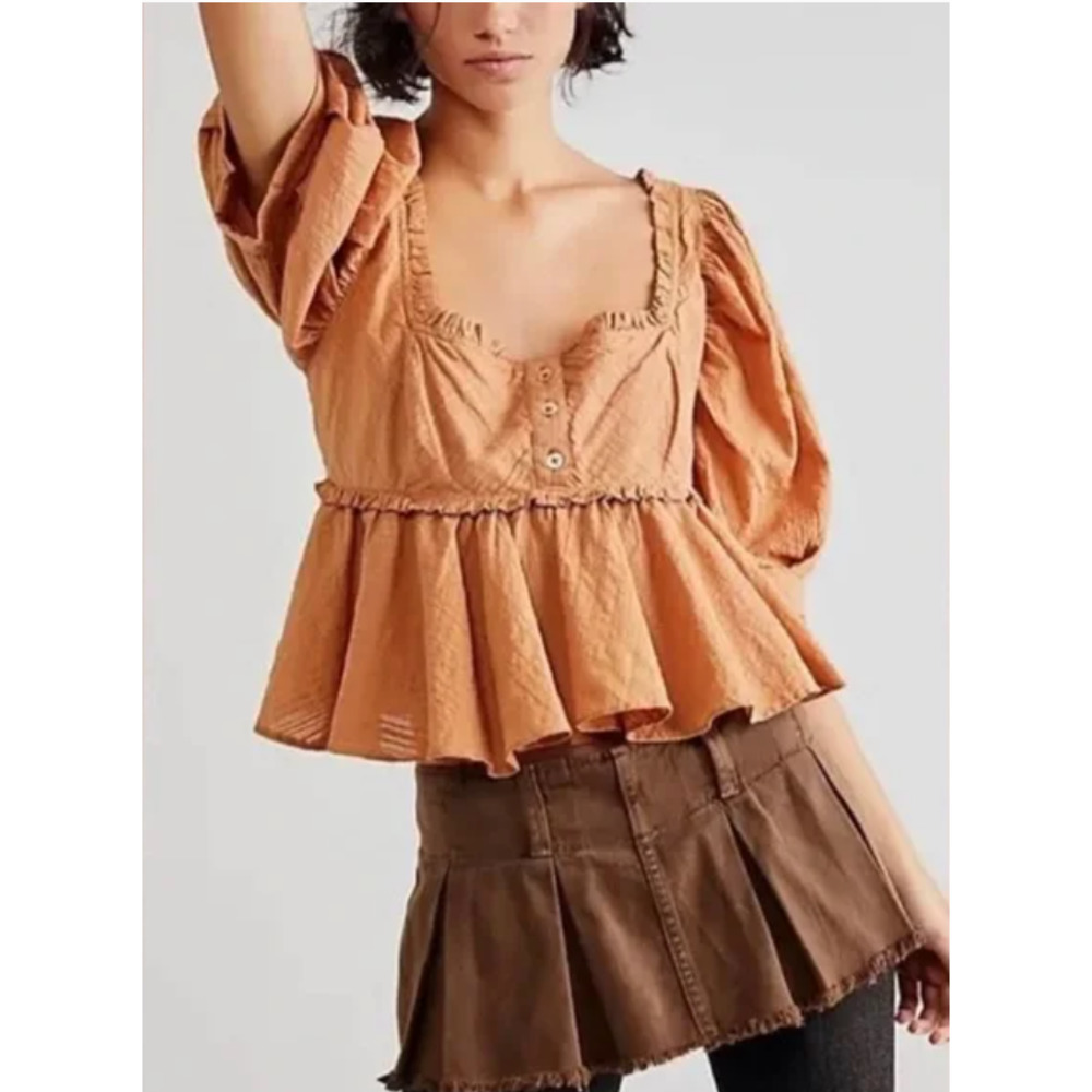 Free People Leave It To Me Babydoll Crop Square Neck Top Tan Camel Medium NWOT